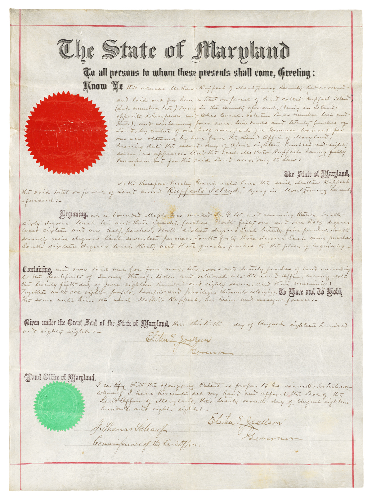 Matthew Ruppert Land Patent for Rupperts Island
