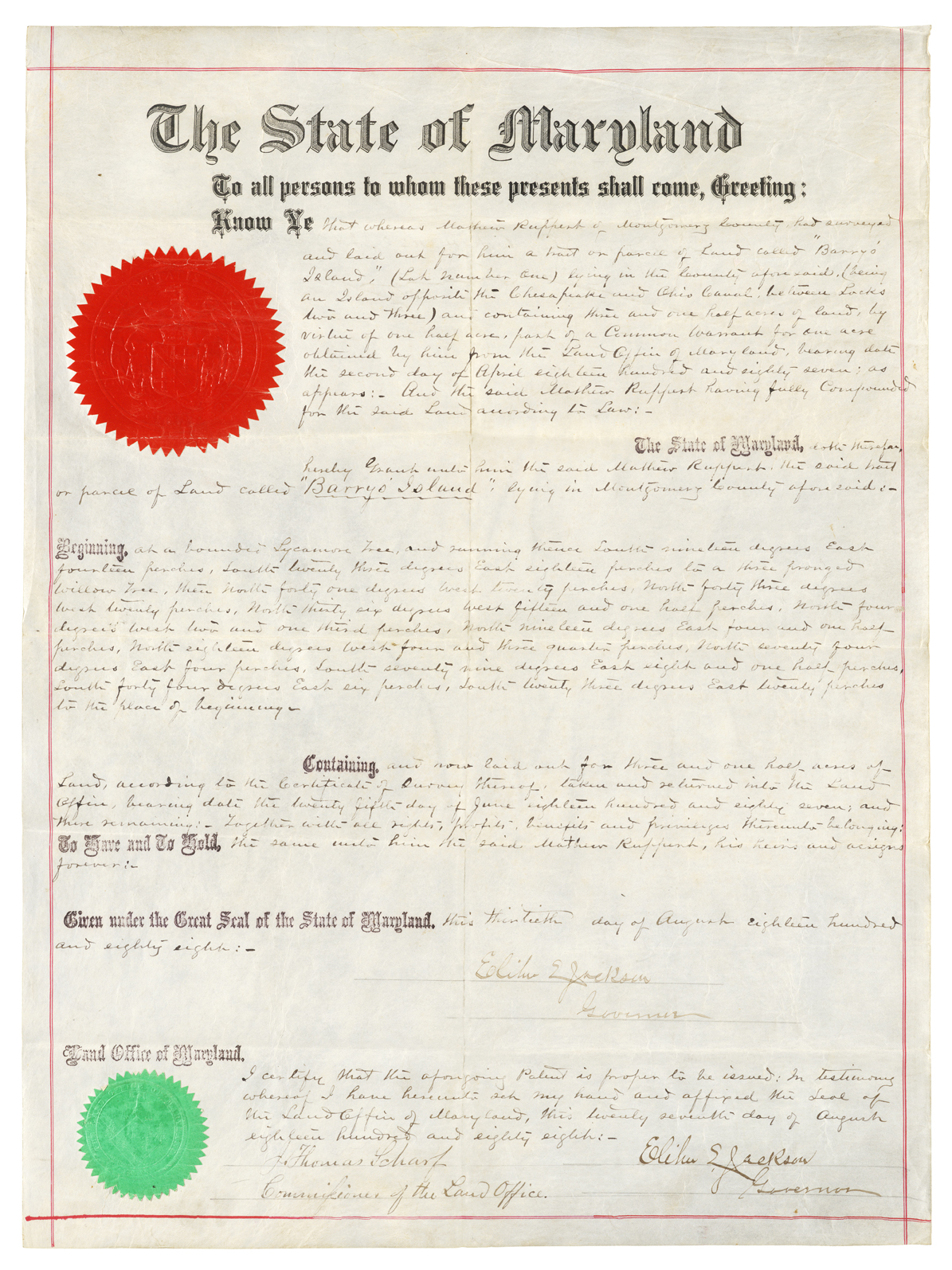 Matthew Ruppert Land Patent for Sycamore Island